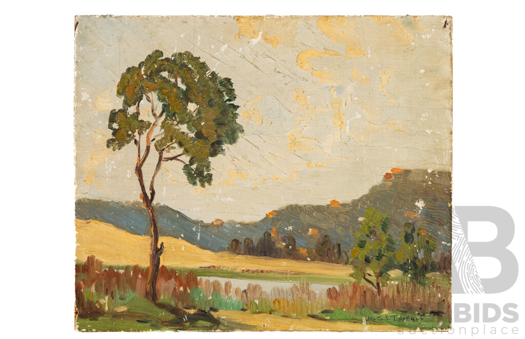 Leslie E. Turnbull, (20th Century), Waterhole, Original Vintage Oil on Wood Panel, 28 x 34 cm