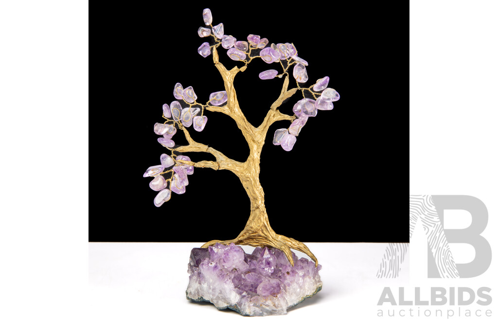 Natural Amethyst Specimen with Gilt Tree and Amethyst Leaves
