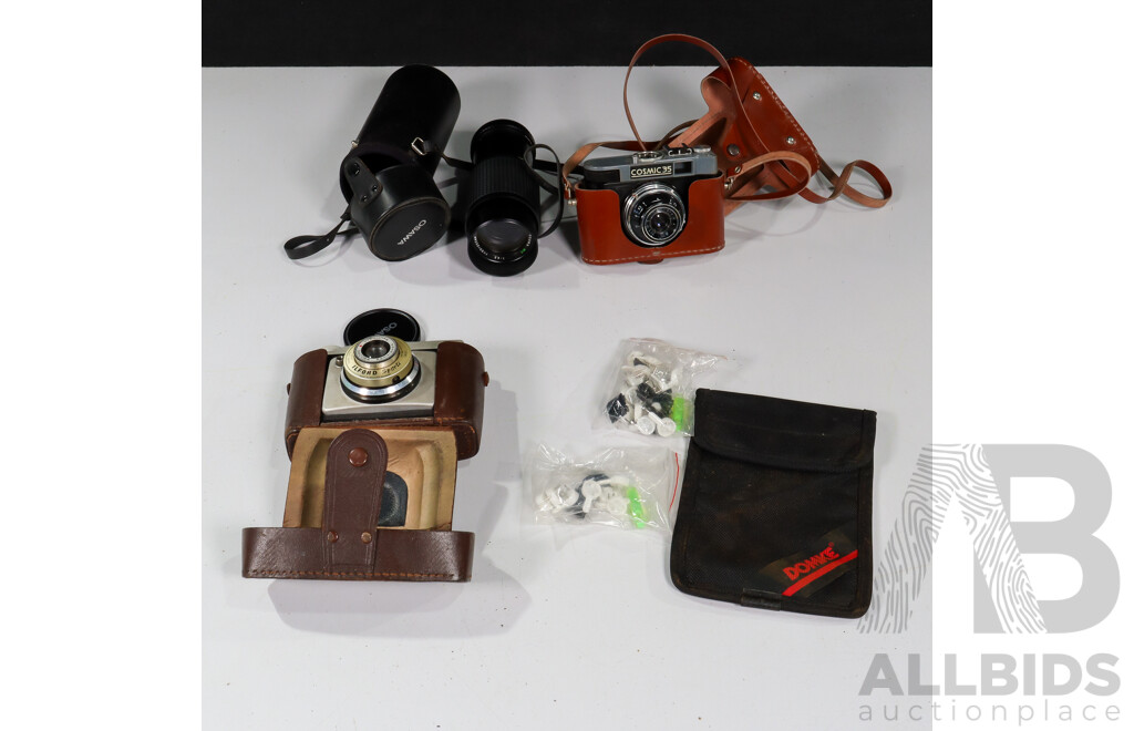 Vintage Cameras and Lens Including Ilford Sporti, Cosmic 35, Osawa Lens