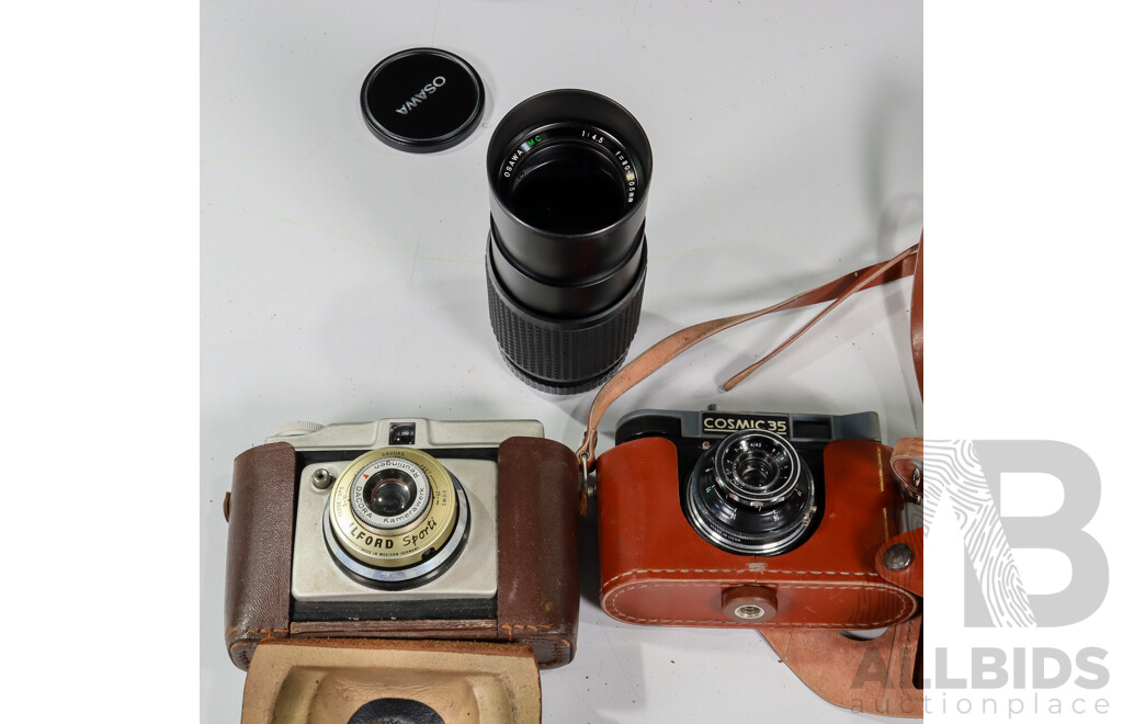 Vintage Cameras and Lens Including Ilford Sporti, Cosmic 35, Osawa Lens