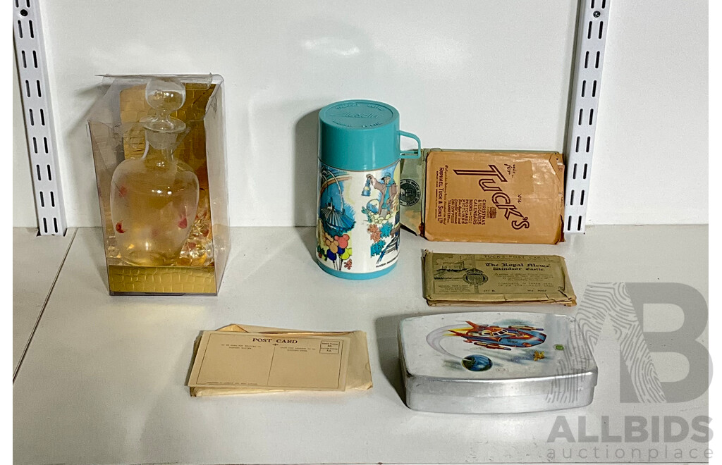 Vintage Aladin Disney Thermos, Namsum Aluminium Space Rocket Case, Collection of Tucks Vintage Postcards, Windsor Castle, Buckingham Palace, Hand Painted Glass Pourer and Cupss