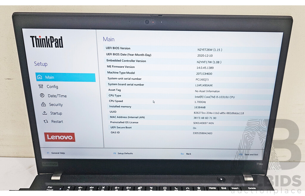 Lenovo T14s 10th Gen Intel Core I5 (10310U) 1.70GHz-4.40GHz 4-Core CPU 14-Inch FHD Laptop W/ Power Supply
