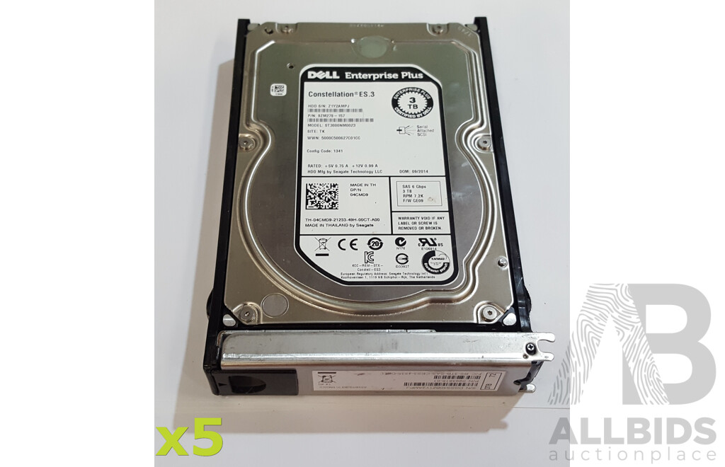 Dell Enterprise Plus Constellation ES.3 3TB SAS 6Gbps 7.2K 3.5-Inch Hard Drive - Lot of Five