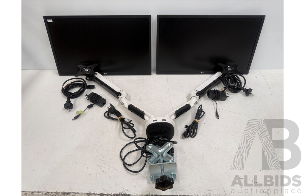 2x LG 24MK430H LED 24Inch Monitors + Dual Monitor Desk Mount with USB Plugs