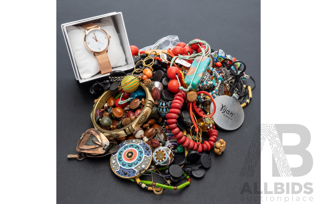 Collection of Vintage Jewellery Including Murano Glass, Cloisonné & Indigenous Designs with Eternal Love Rose Tone Watch (boxed)
