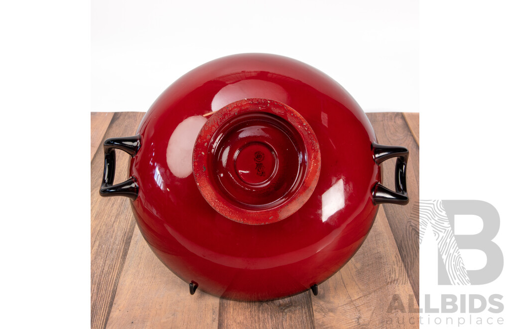 Large Royal Doulton Flambe Bowl with Twin Handles and Landscape Motif