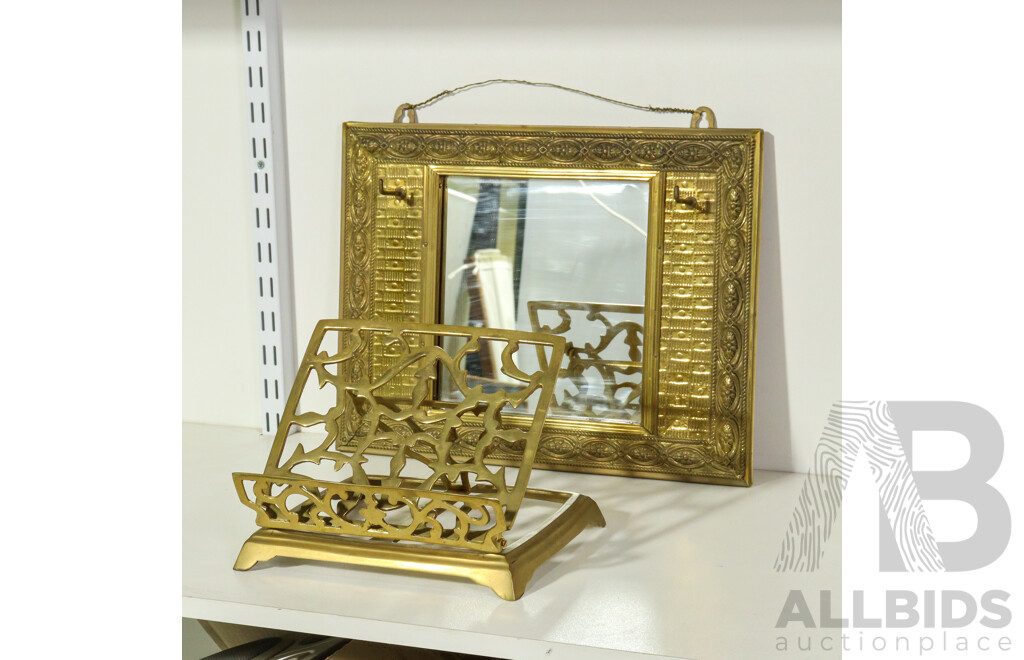 Vintage Ornate Brass Book Stand with Brass Embossed Hanging Wall Mirror