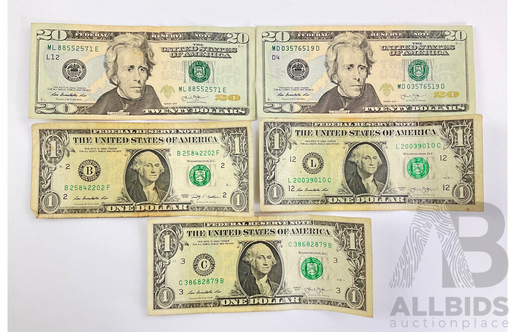 Collection of USA Banknotes, Two 2013 Twenty Dollars, Three One Dollars, 2013(2) 2003