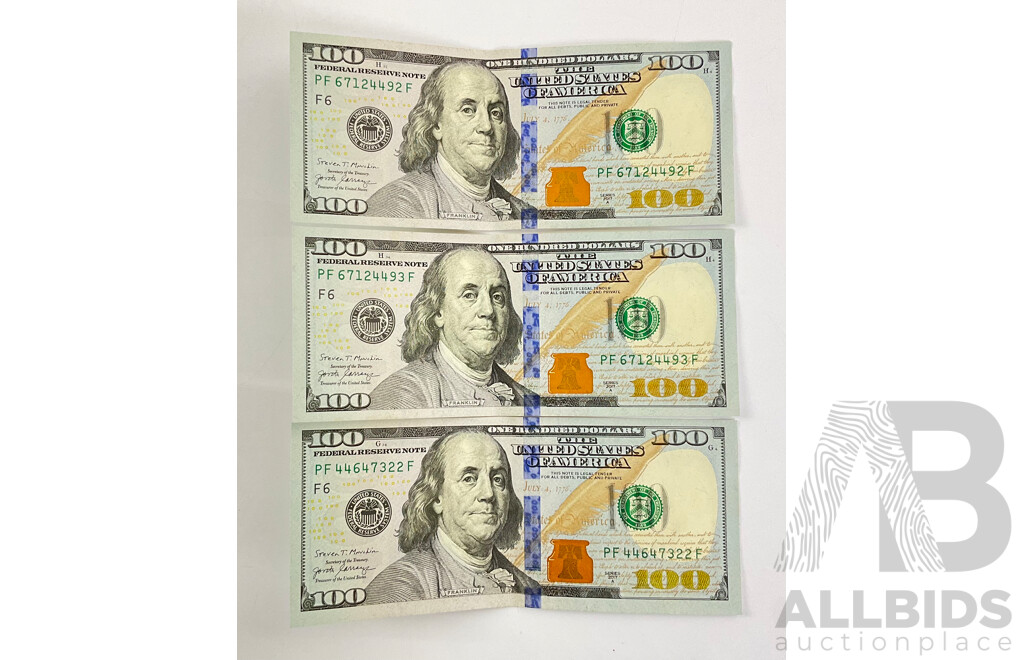 Three USA 2017A One Hundred Dollar Banknotes