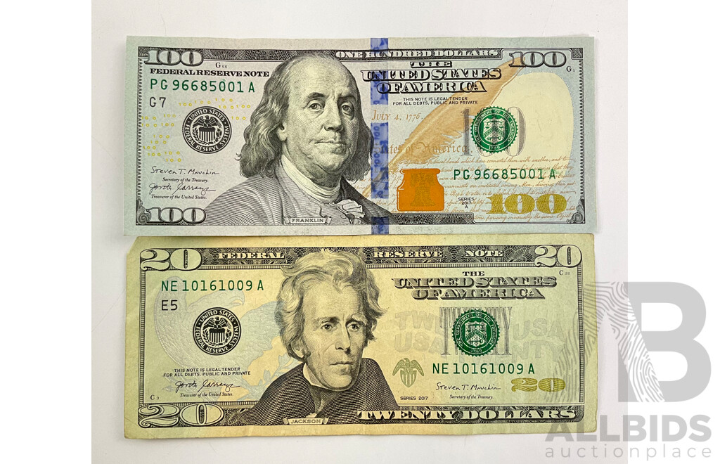 USA 2017A One Hundred Dollar Note and 2017 Twenty Dollar Note