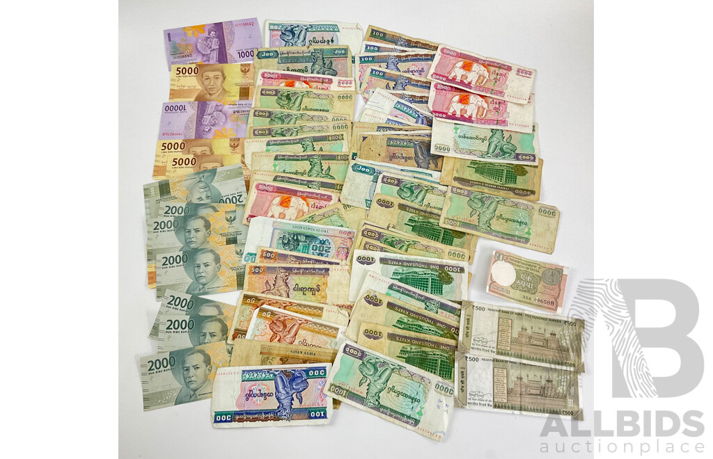 Collection of International Bank Notes Including Indonesia, Myanmar, India