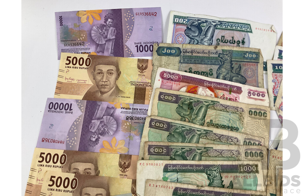 Collection of International Bank Notes Including Indonesia, Myanmar, India
