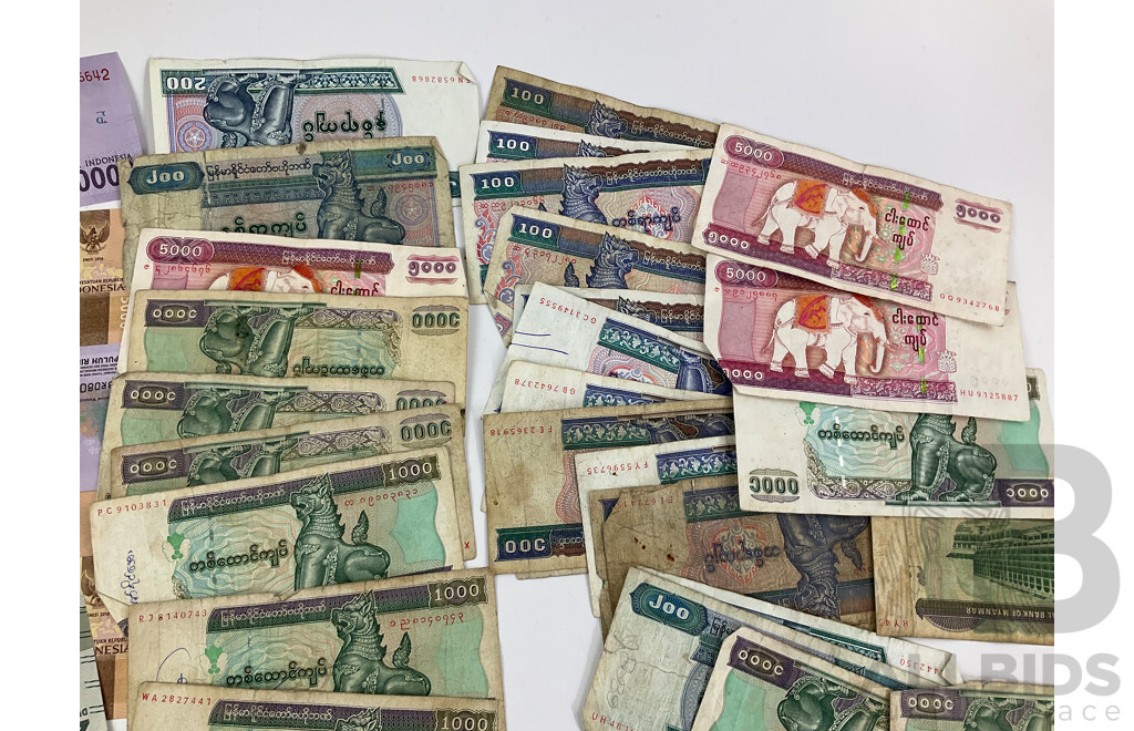 Collection of International Bank Notes Including Indonesia, Myanmar, India