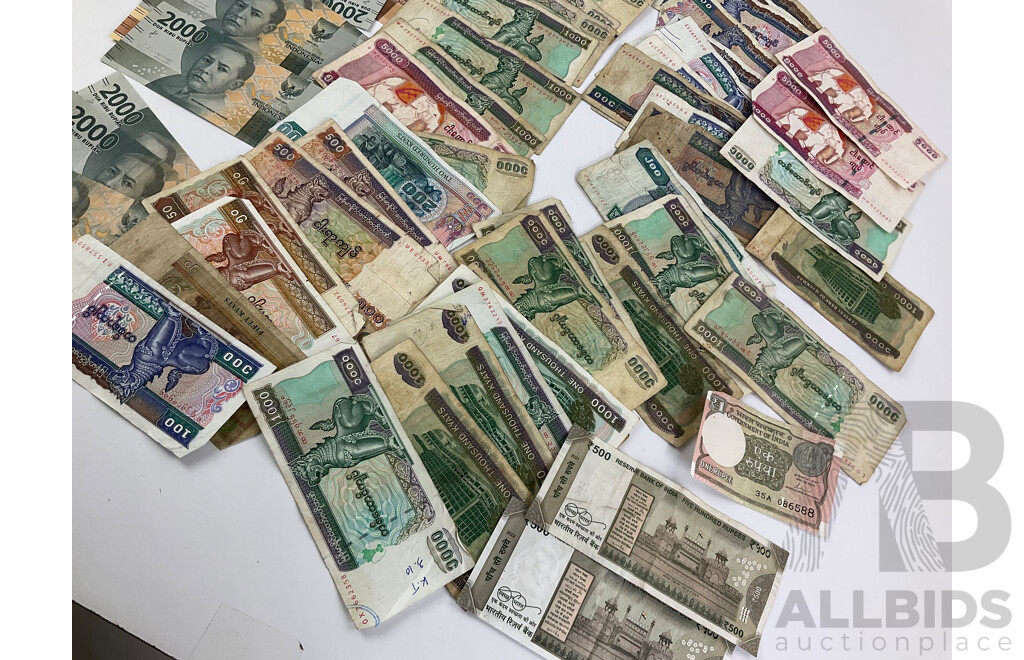 Collection of International Bank Notes Including Indonesia, Myanmar, India
