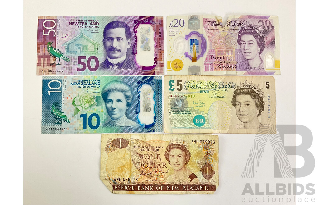 New Zealand Fifty, Ten and One Dollar Notes, England Twenty and Five Pound Notes