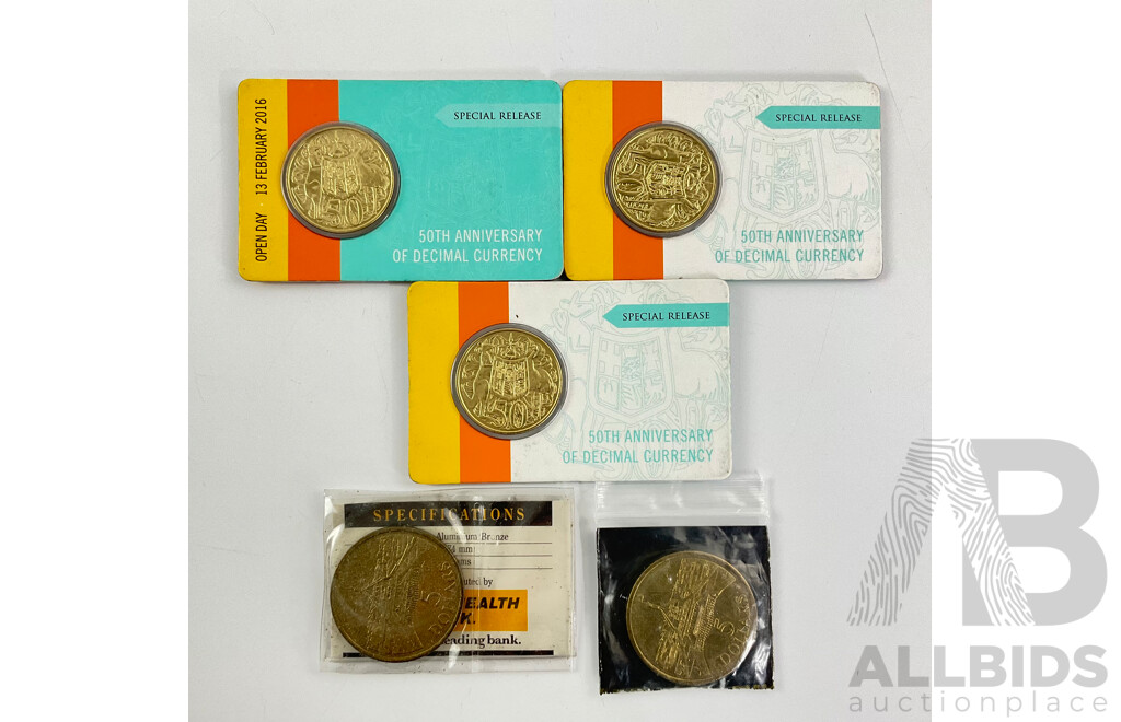 Australian Commemorative Coins Including Three RAM 2016 Gold Plated Round Fifty Cent Coins, Two 1988 Five Dollar Coins