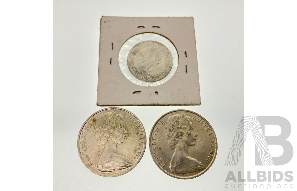 Two Australian 1966 Silver Round Fifty Cent Coins and 1957 Silver Shilling