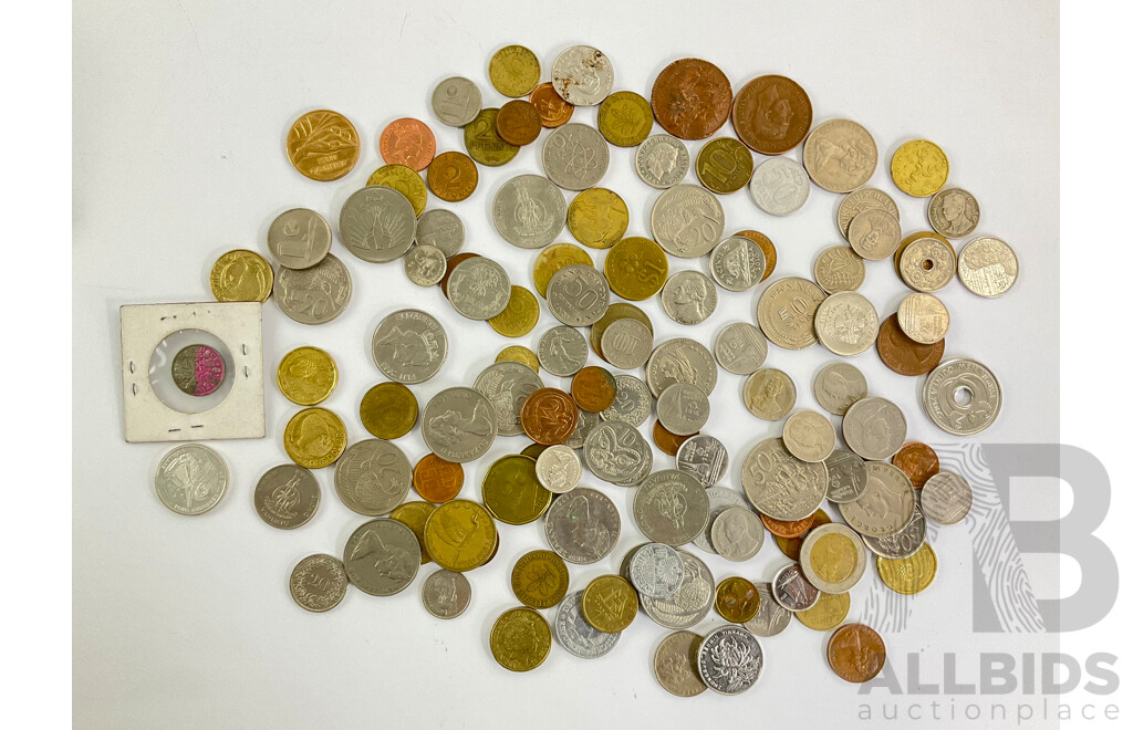 Collection of International Coins Including Kiribati 2013 Silver Ten Dollar, UK 1933 Silver Sixpence, New Zealand, Thailand, PNG, Euro, Malaysia, Indonesia, Vanuatu