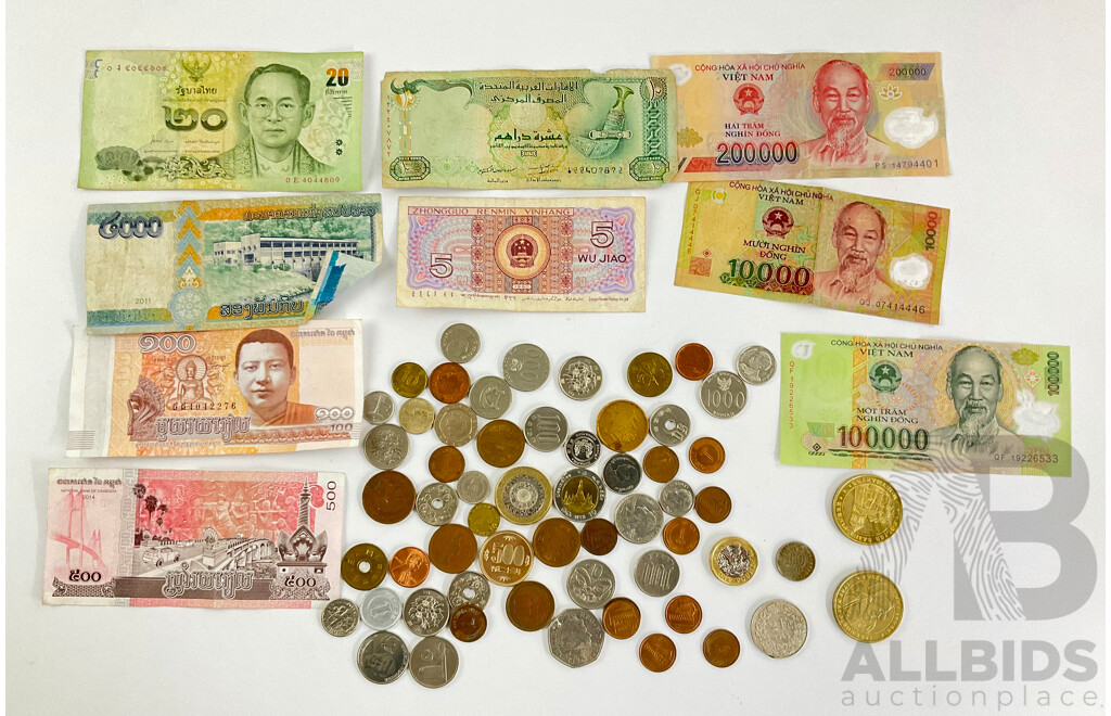 Collection of International Currency Including Switzerland 1944 Silver Two Francs, Thailand, Vietnam, Cambodia, UK, Indonesia, France, China