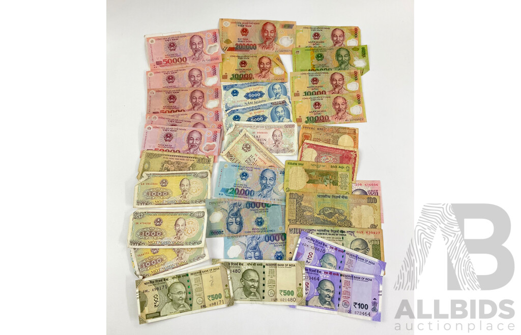 Collection of India and Vietnam Banknotes, Polymer and Paper