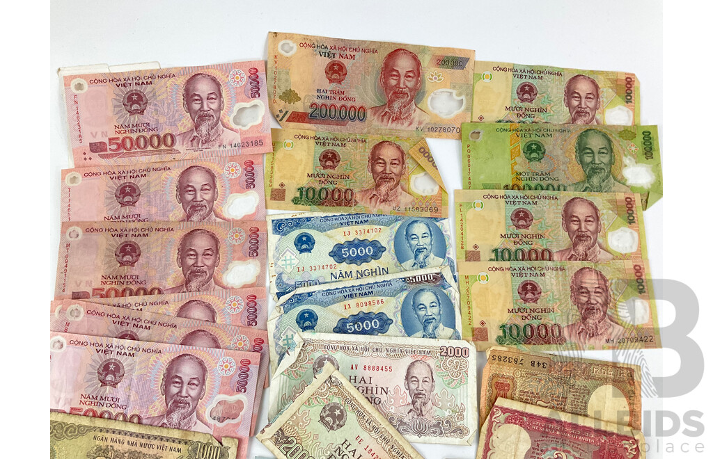 Collection of India and Vietnam Banknotes, Polymer and Paper