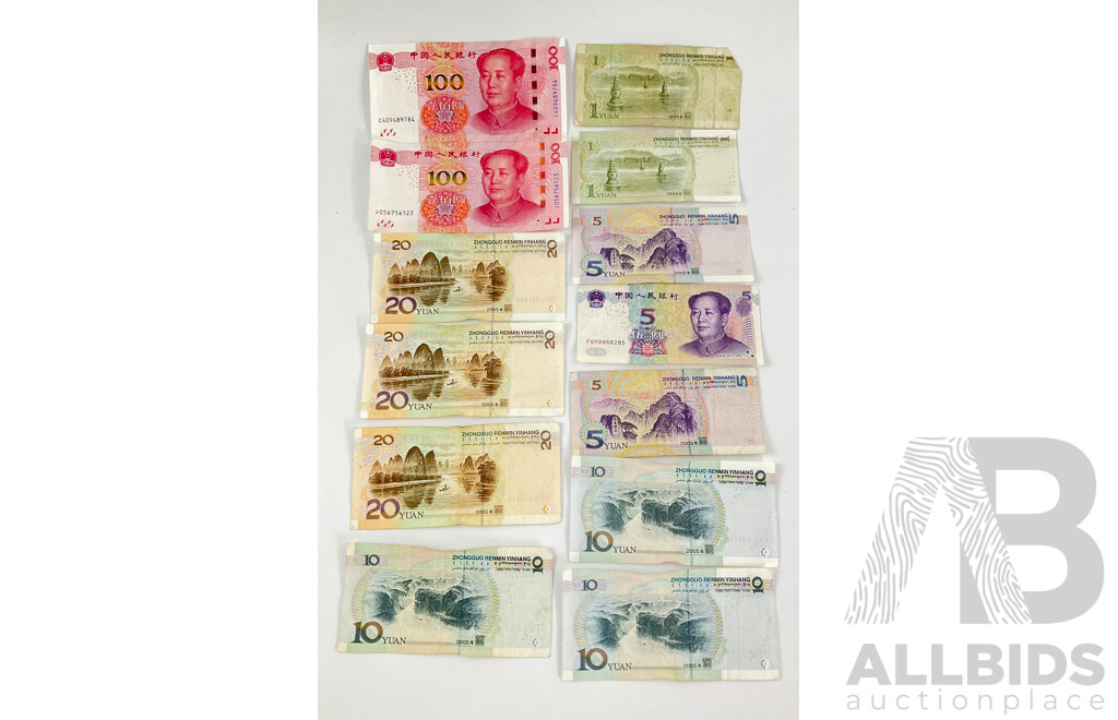 Collection of Chinese Bank Notes Including Two One Hundred, Three Twenty, Three Ten, Three Five, Two Ones