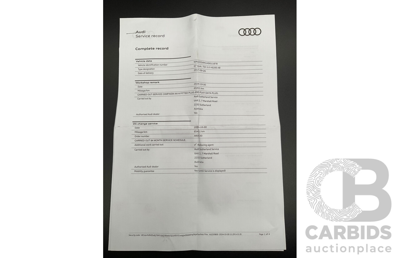 11/2016 Audi Q7 3.0 TDI Quattro (200kW AWD) 4M MY17 4d Wagon Night Black Turbo Diesel 3.0L