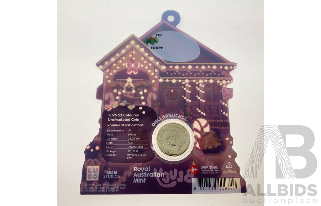 Australian RAM 2025 UNC Commemorative One Dollar Coin, Christmas Bluey Buck