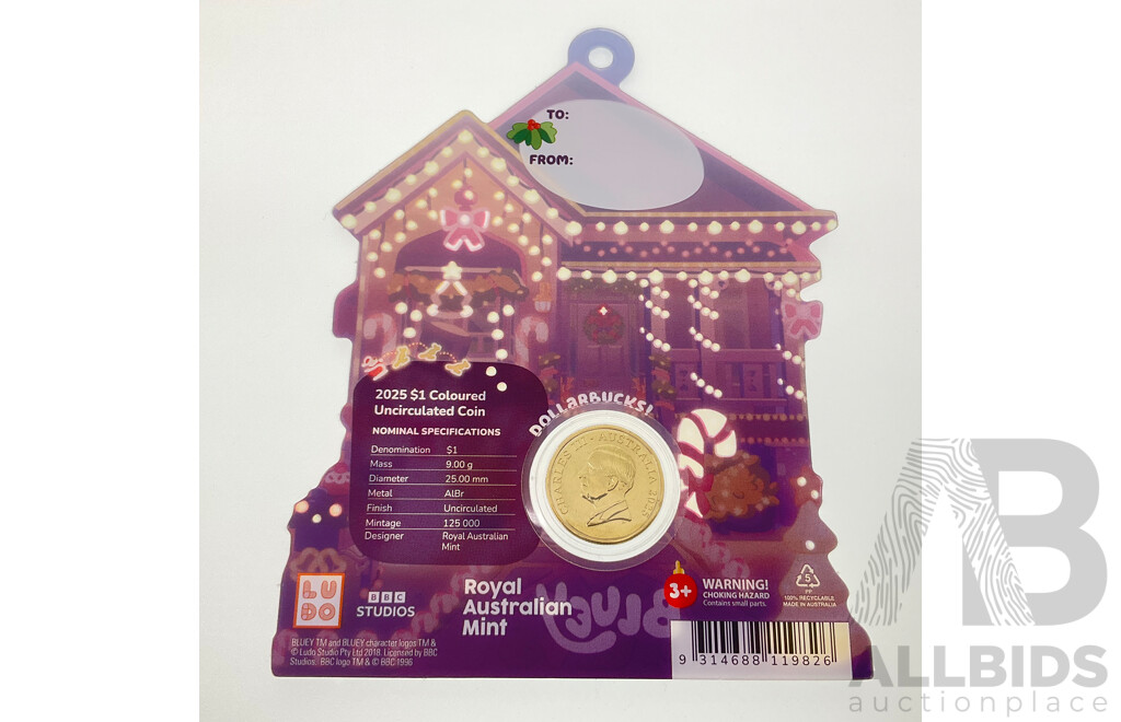 Australian RAM 2025 KCIII UNC Commemorative One Dollar Coin, Christmas Bluey Buck