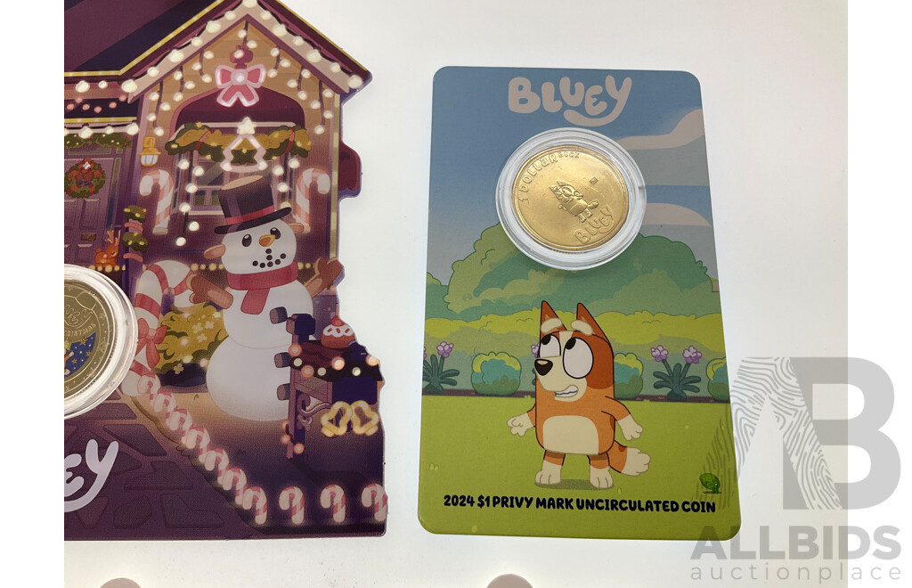 Australian RAM 2025 UNC Commemorative One Dollar Coin, Christmas Bluey Buck with 2024 One Dollar Bluey Buck Privy Mark and Two 2024 UNC Bluey Bucks