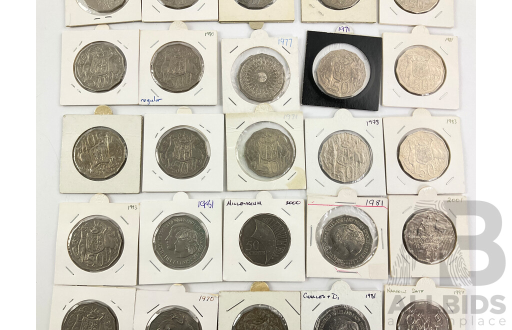 Fifty Australian Fifty Cent Coins, Examples Spanning 1969 to 2001 Including Commemorative 1970 Cook, 1977 Jubilee, 1988 Bicentennial, 1981 Charles and Diana, 1982 Commonwealth Games