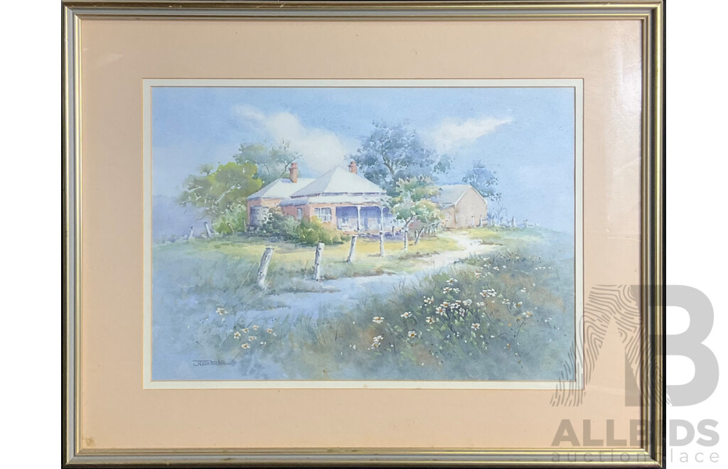 Janet Hoyer-Cobb Framed Landscape with Cottage ,Watercolour on Paper