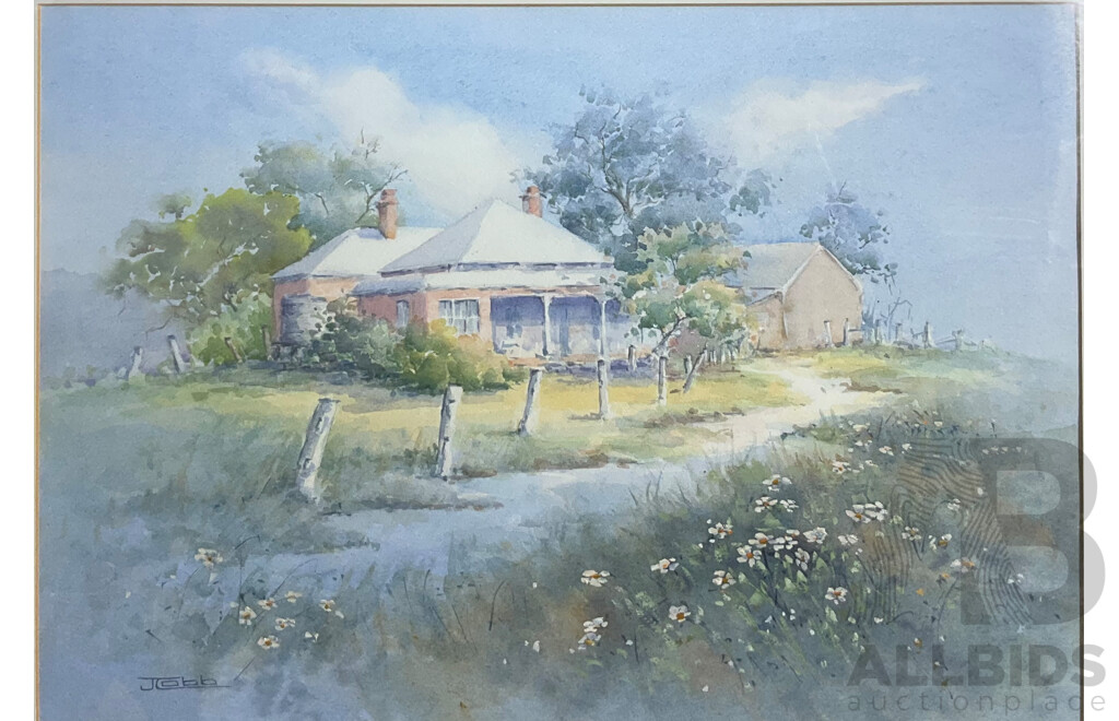 Janet Hoyer-Cobb Framed Landscape with Cottage ,Watercolour on Paper