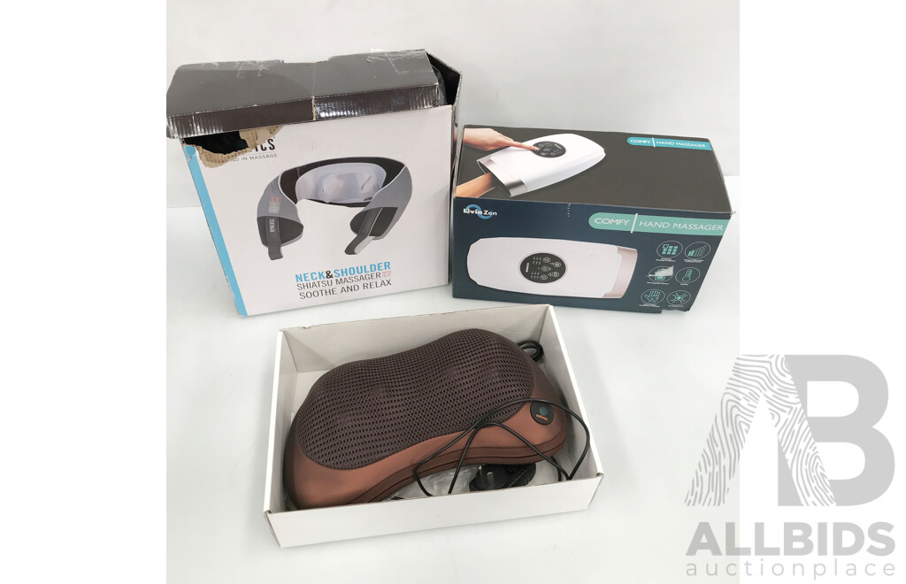 Assorted Massage Products - Hand Massager, Shiatsu Neck & Shoulder Massager, and Massage Pillow - Lot of 3