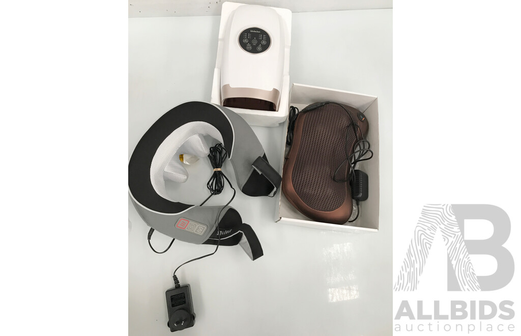 Assorted Massage Products - Hand Massager, Shiatsu Neck & Shoulder Massager, and Massage Pillow - Lot of 3