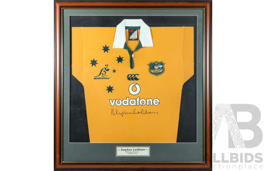 Stephen Larkham Signed Framed Wallabies Jersey, 2003 Rugby World Cup