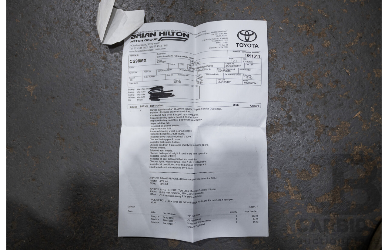 08/2018 Toyota Camry Ascent ASV70R 4D Sedan Blue Crush Metallic 2.5L