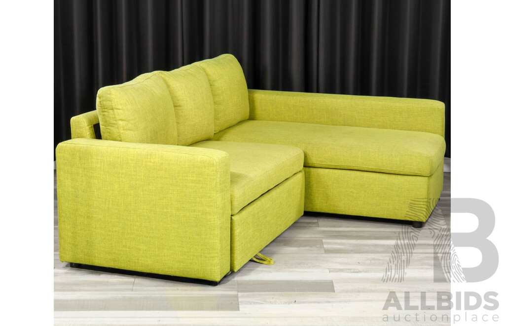 Modern Green Fabric L Shaped Lounge with Trundle Bed