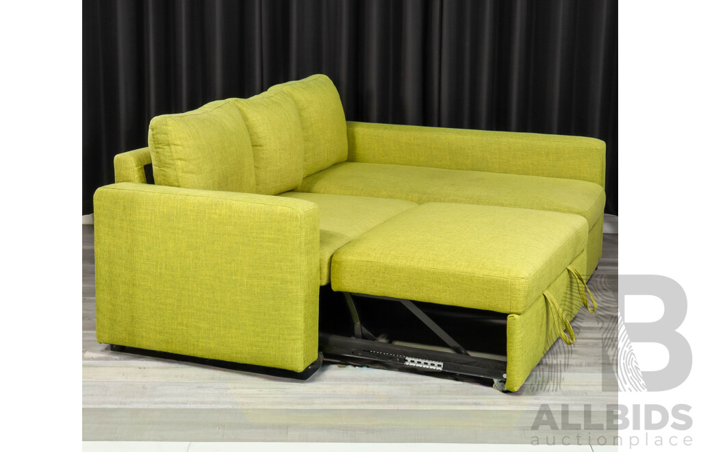 Modern Green Fabric L Shaped Lounge with Trundle Bed
