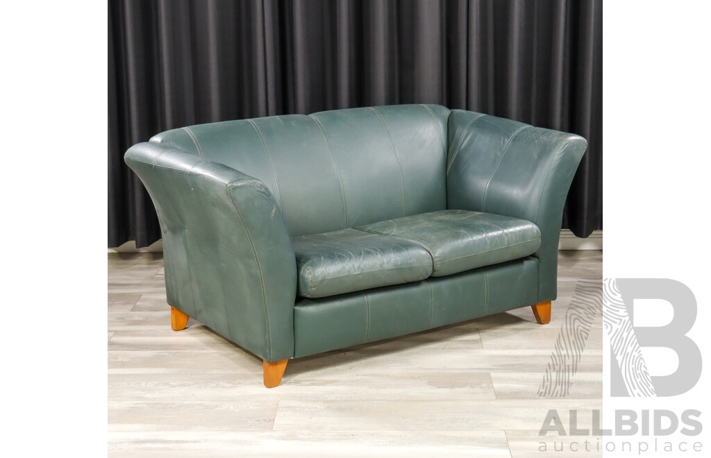 Pair of Green Leather Two Seater Lounges by Esse Design Furniture