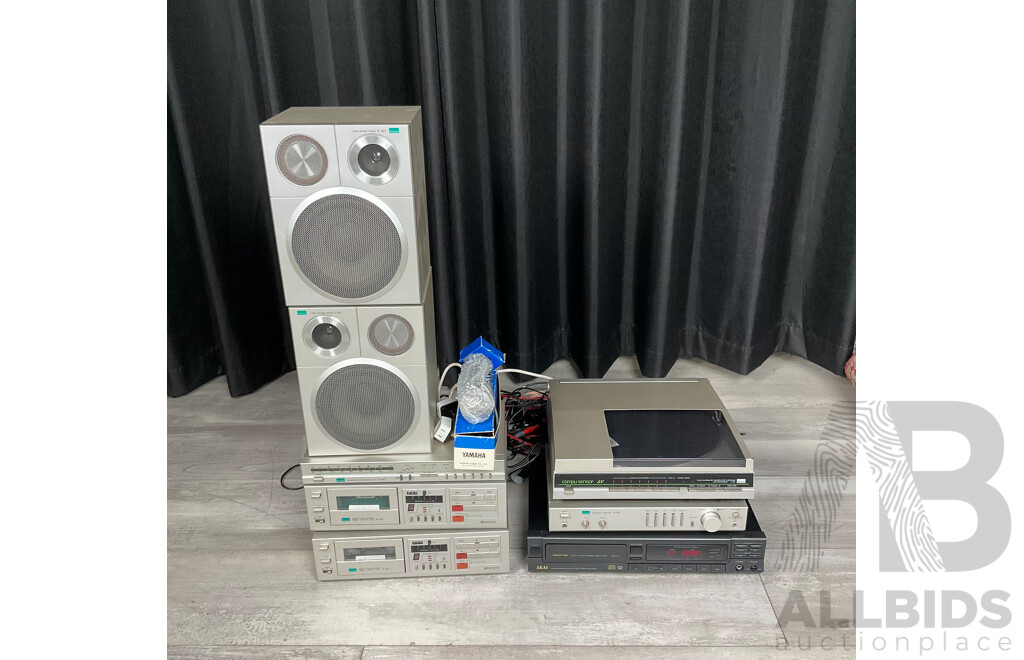 Vintage Sansui Stereo System Including AM7 Amplifier, TM7 Tuner, Two DM7 Cassette Decks, PM7 Turntable, Two SM7 2-Way Speakers with Yamaha EM-100 Echo Microphone