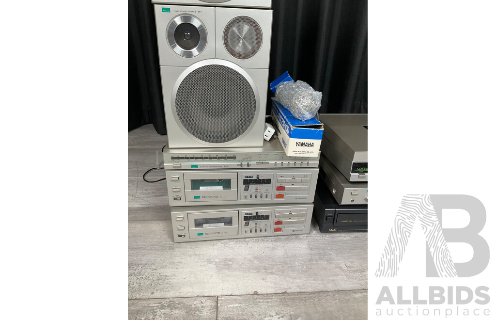 Vintage Sansui Stereo System Including AM7 Amplifier, TM7 Tuner, Two DM7 Cassette Decks, PM7 Turntable, Two SM7 2-Way Speakers with Yamaha EM-100 Echo Microphone