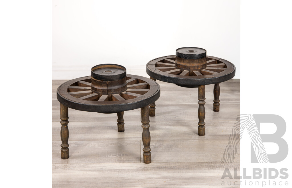Pair of Edo Period Style Wheel Form Side Tables with Glass Tops