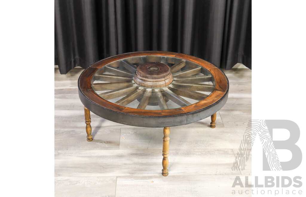 Edo Period Style Wheel Form Side Table with Glass Top