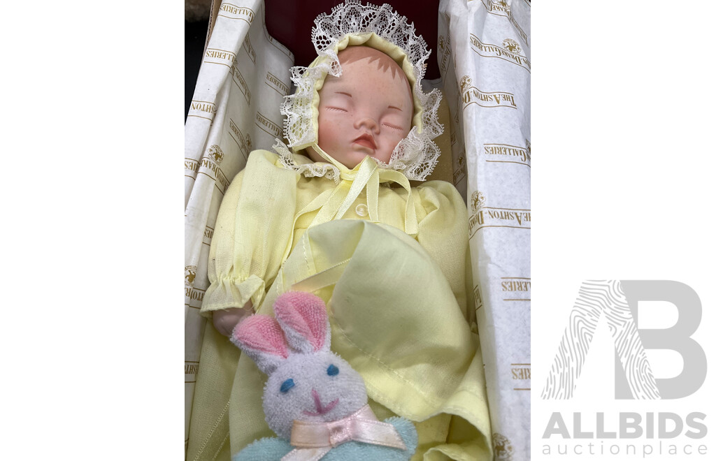 ASHTON DRAKE Porcelain Baby Doll ''Little Bit of Sunshine'', Tambo Teddies Bear and CocaCola Plush Polar Bear and Meerkat Plush Toy - Lot of 4