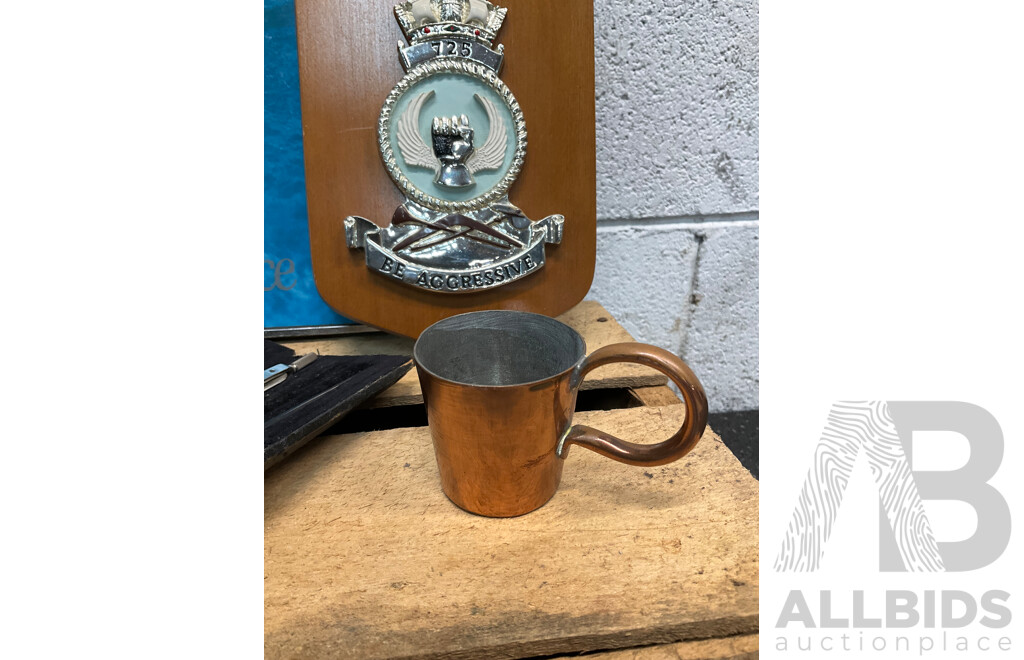 Collection of Memorabilia Releated to the HMAS and Royal Australian Navy, Including Rum Navy 1/2 Gill Copper Cup