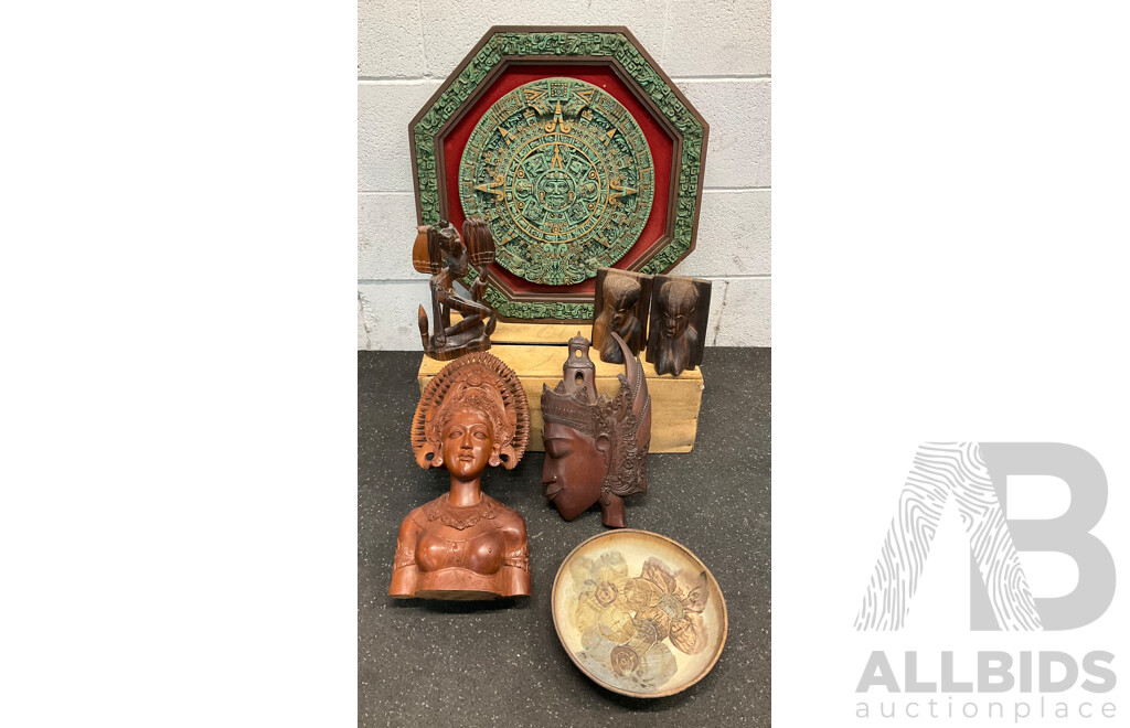 Collection of Decorative Wood Carving, Including a Replica of the Aztec Sun Calendar - Lot of 7