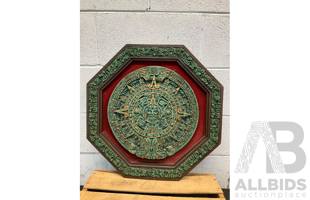 Collection of Decorative Wood Carving, Including a Replica of the Aztec Sun Calendar - Lot of 7