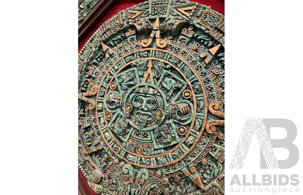 Collection of Decorative Wood Carving, Including a Replica of the Aztec Sun Calendar - Lot of 7
