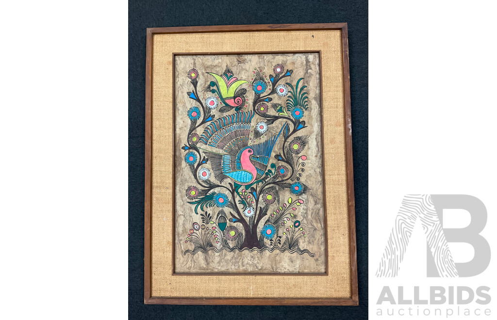 Large Mexican Folk Art Paintig, Mixed Media on Bark, 88 X 65 Cm (frame)